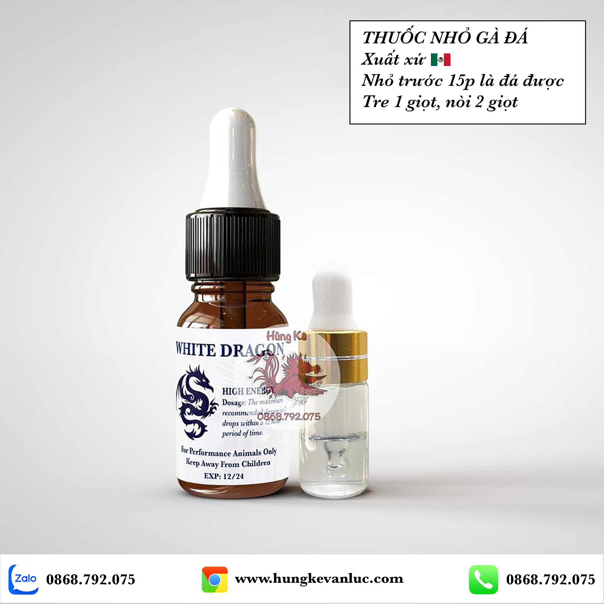 Thuốc nhỏ gà đá white dragon - xuất xứ mexico - giúp gà tăng bo lớn, chống ói, tải cựa, lỳ đòn - nguyên chất chính hãng - chiết lẻ 1cc