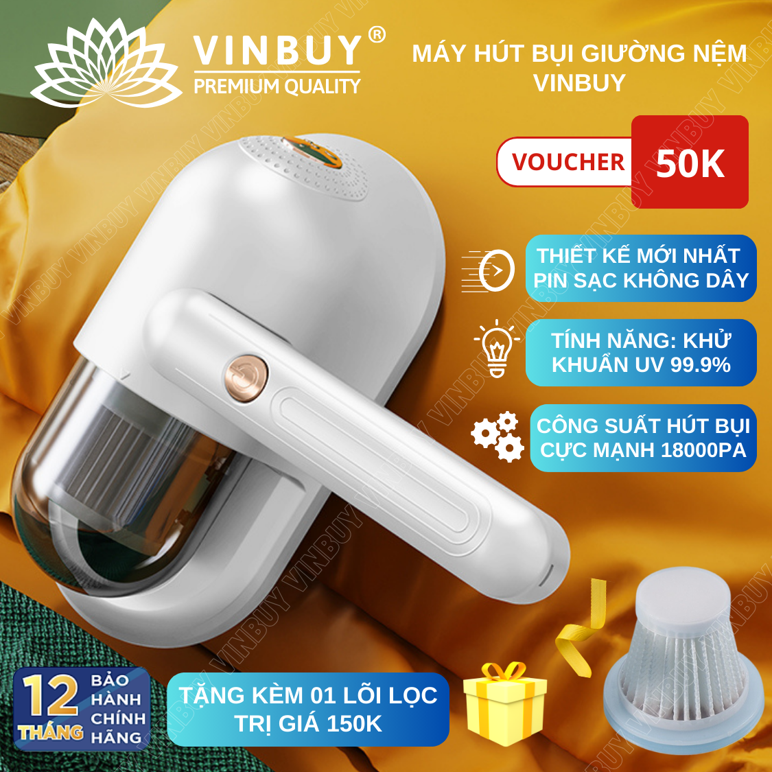  Máy hút bụi giường nệm không dây VinBuy cầm tay hiện đại diệt khuẩn đa tầng đèn UV lực hút mạnh 18000PA - Hàng chính hãng 