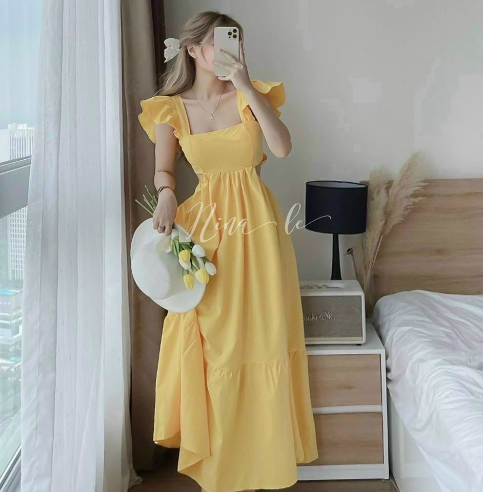 [Mẫu Mới] Đầm Nữ Thiết Kế Tay Cánh Tiên [Có Mút] Cổ Vuông Eo Dây Thoắt Nơ Sau Dáng Xòe Siêu Xịn Xò Thích Hợp Với Mọi Phong Cách.