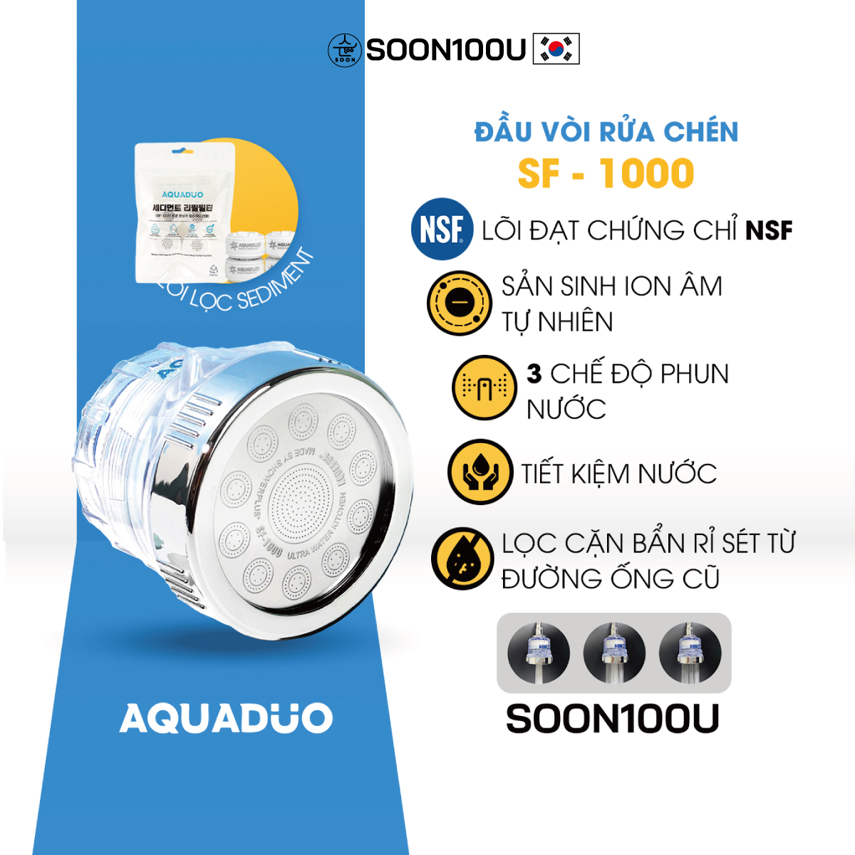 SF-1000 Vòi rửa chén (tăng áp, lọc nước), 4 Thanh lọc nước AQUADUO SO0N100U
