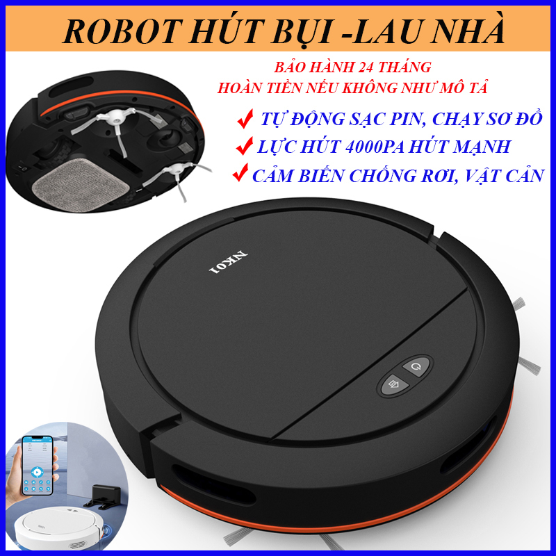 Robot hút bụi lau nhà NK01 tự động sạc pin lực hút 4000PA cảm biến thông minh bảo hành 24 tháng.