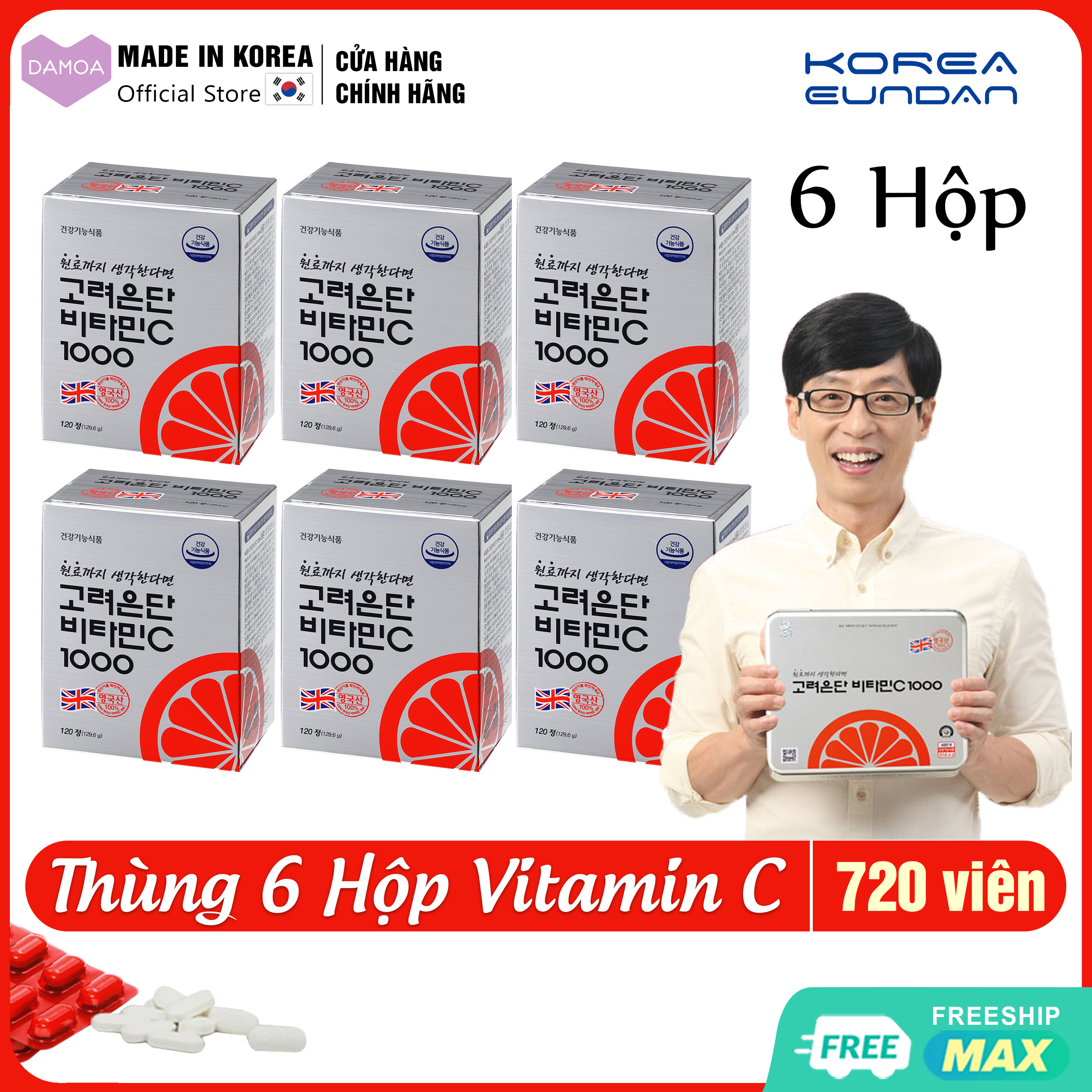 Thùng 6 Hộp Viên uống Vitamin C 1000 Đẹp da, Tăng sức đề kháng, Chống lão hóa KOREA EUNDAN Hàn Quốc (720 viên)