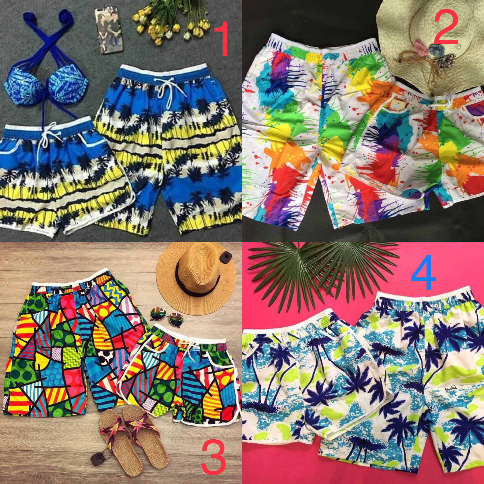 Quần đôi nam nữ đi biển vải dù cao cấp họa tiết hawaii size 45kg-90kg