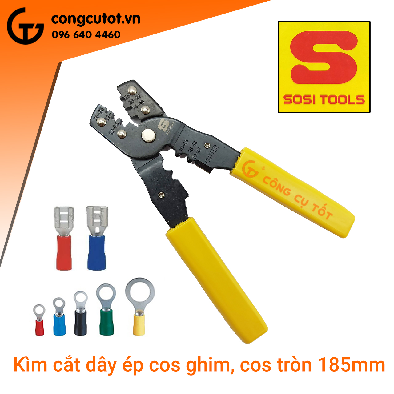 Kìm bấm cos, Kìm cắt dây ép cos ghim, cos tròn 185mm cho thợ sửa xe Sosi SO-436202