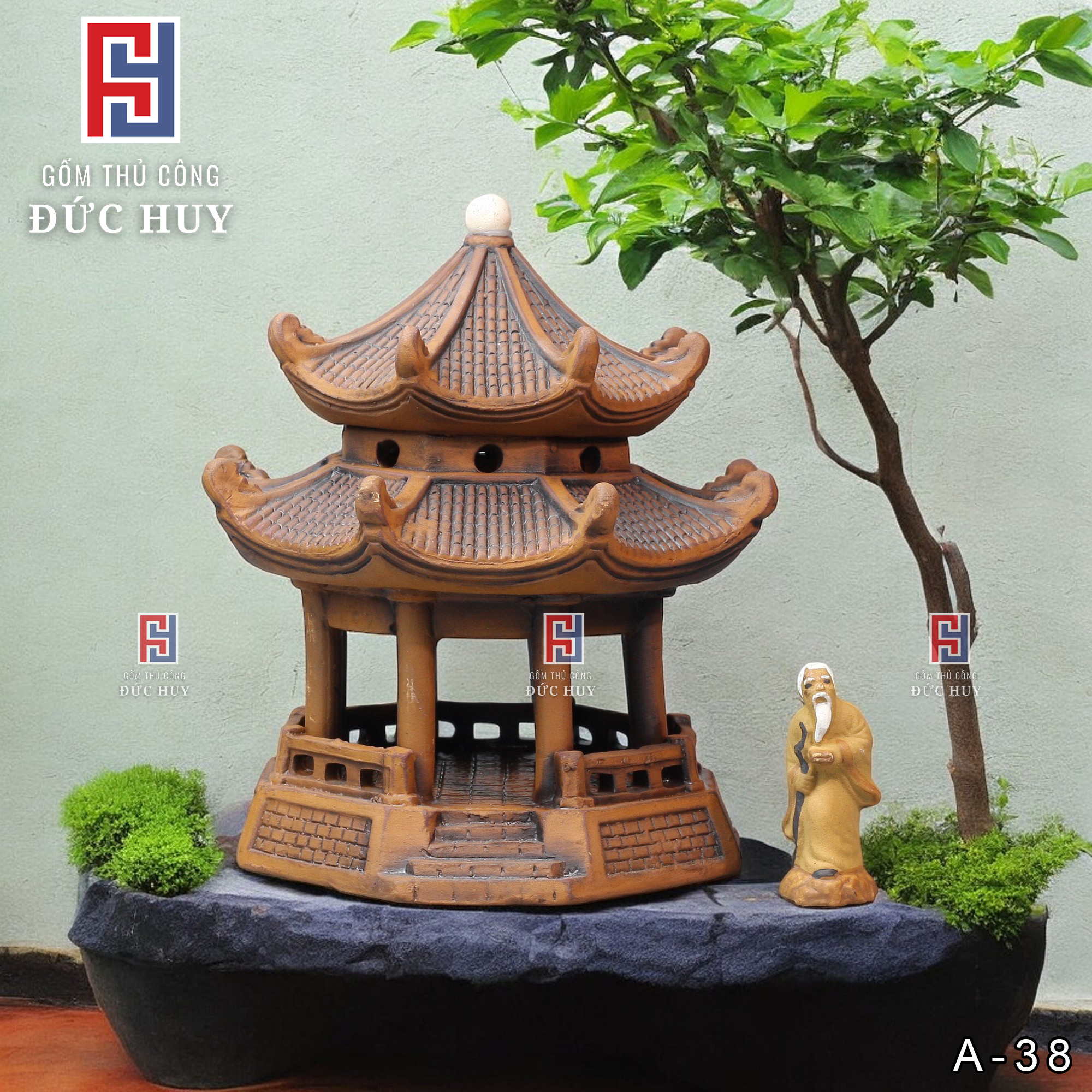 Mô hình Gốm Lầu Bát Giác tặng kèm tượng mini như hình - Phụ Kiện Trang Trí Hòn Non Bộ - Tiểu Cảnh - Bể Cá