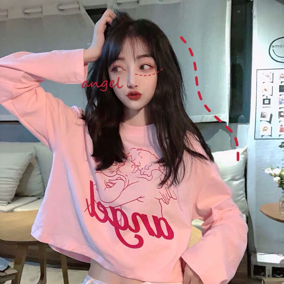 [HCM]Áo croptop hồng angel dài tay mẫu mới siêu dễ thương