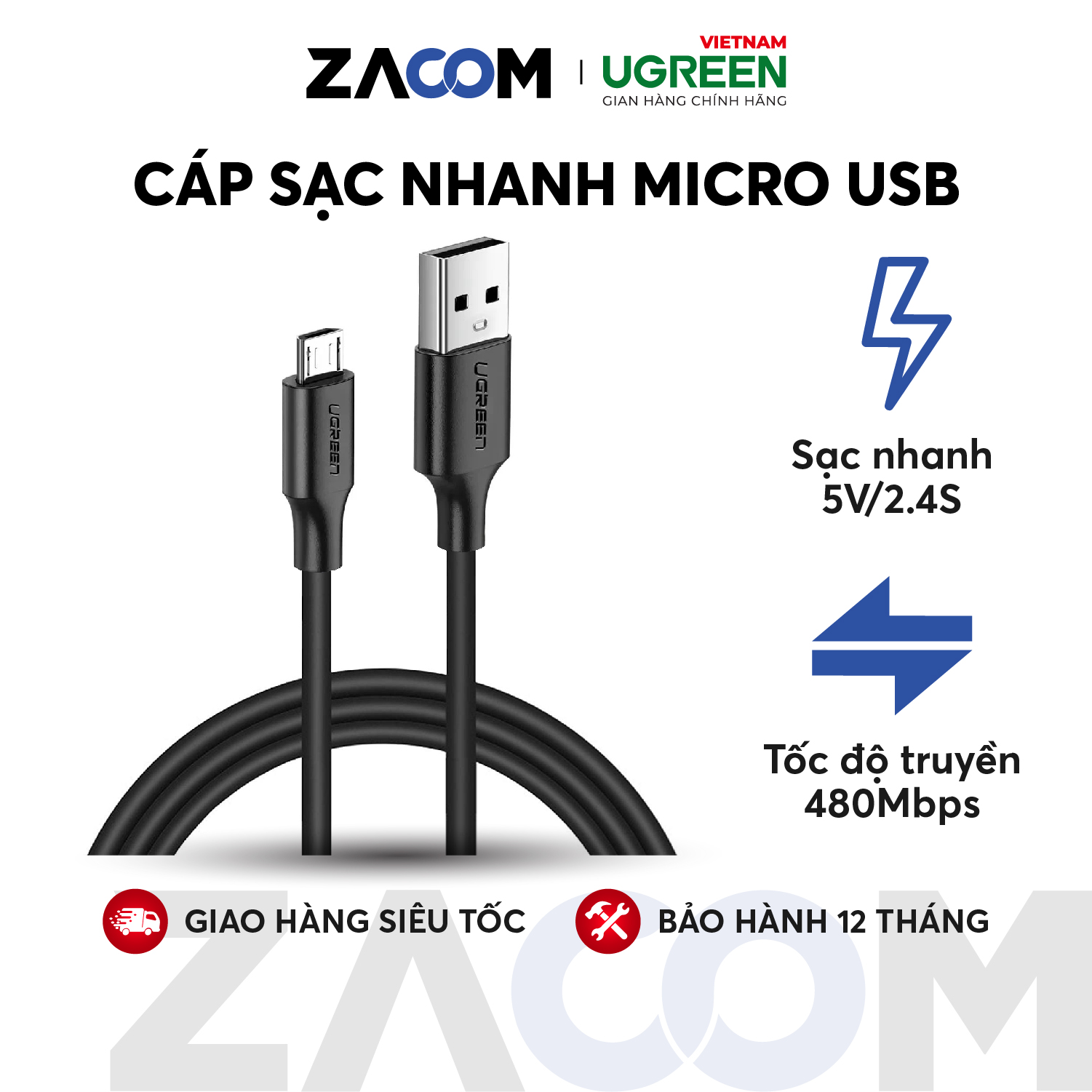[HCM] Cáp sạc nhanh - Micro USB - UGREEN - US289 - Bọc PVC chắc chắn, đầu mạ niken - tốc độ 480Mbps - Dài từ 0.25m - 2m tương thích với điện thoại Samsung/Xiaomi/Oppo/Vivo/Realme/Huawei - Hàng chính hãng - Bảo hành 12 tháng