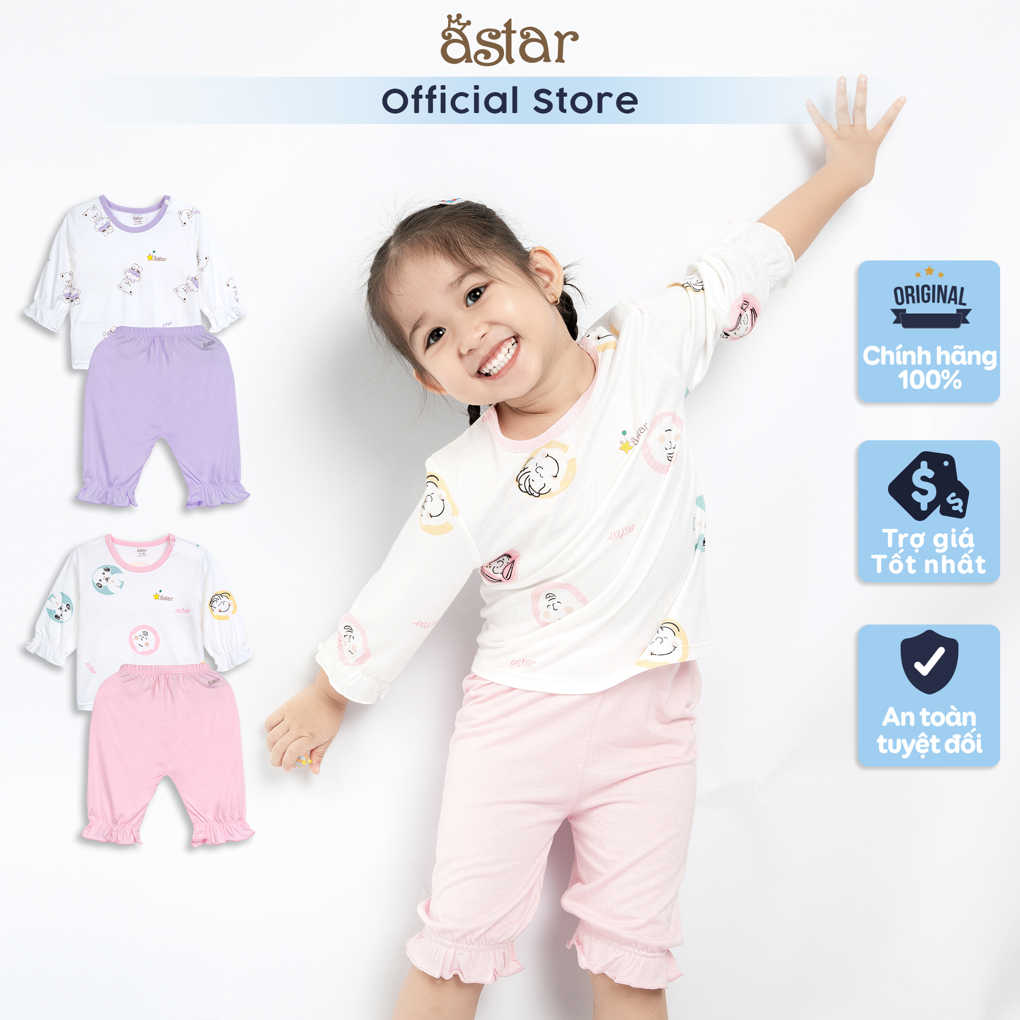 Bộ quần áo lửng Astar vải cotton rayon phối tay bèo cho bé gái từ 9 tháng đến 5 tuổi