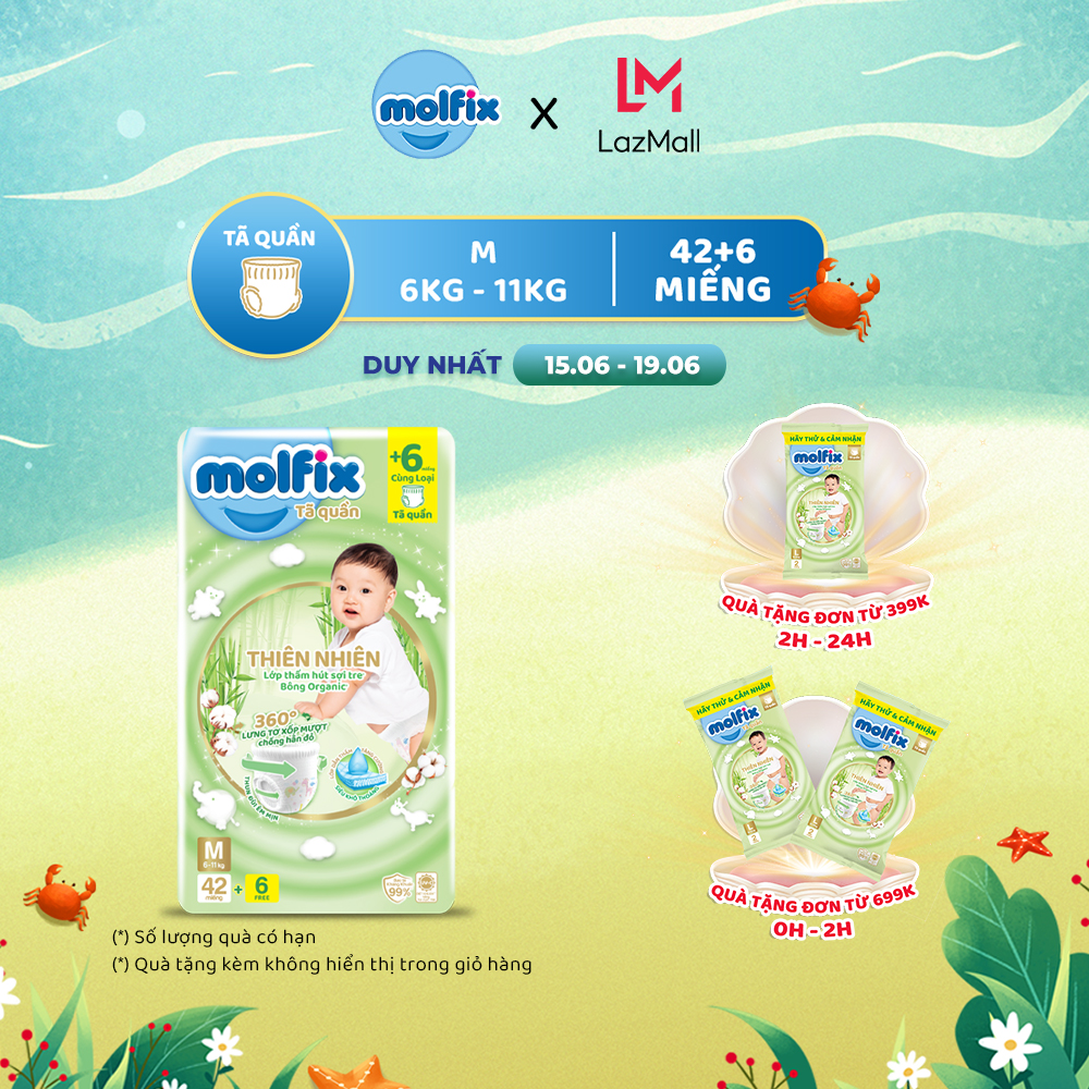 Tã/bỉm quần Molfix Thiên nhiên Jumbo M - Gói 42+6 miếng
