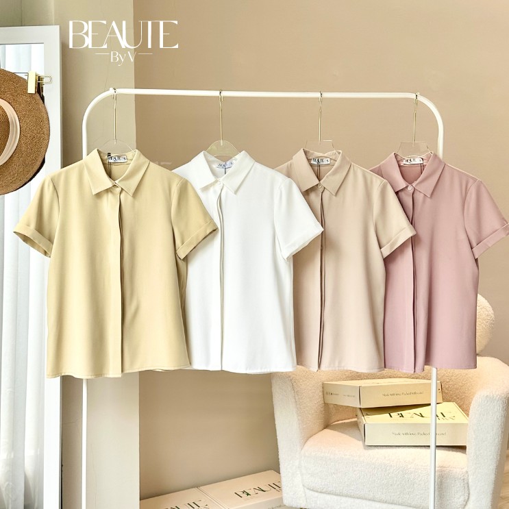 Beautebyv - áo sơmi nữ cộc tay new casual