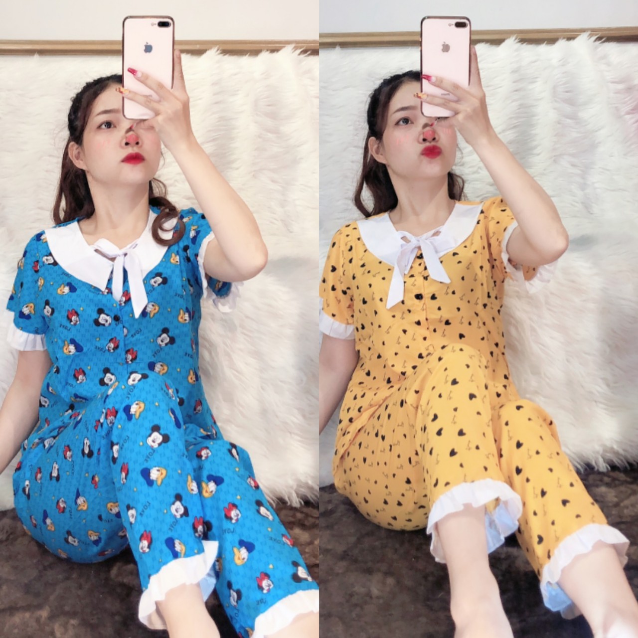 [HCM]Bộ pijama kate lụa cổ lá sen - quần dài tay ngắn - ẢNH THẬT - 40 đến 59kg
