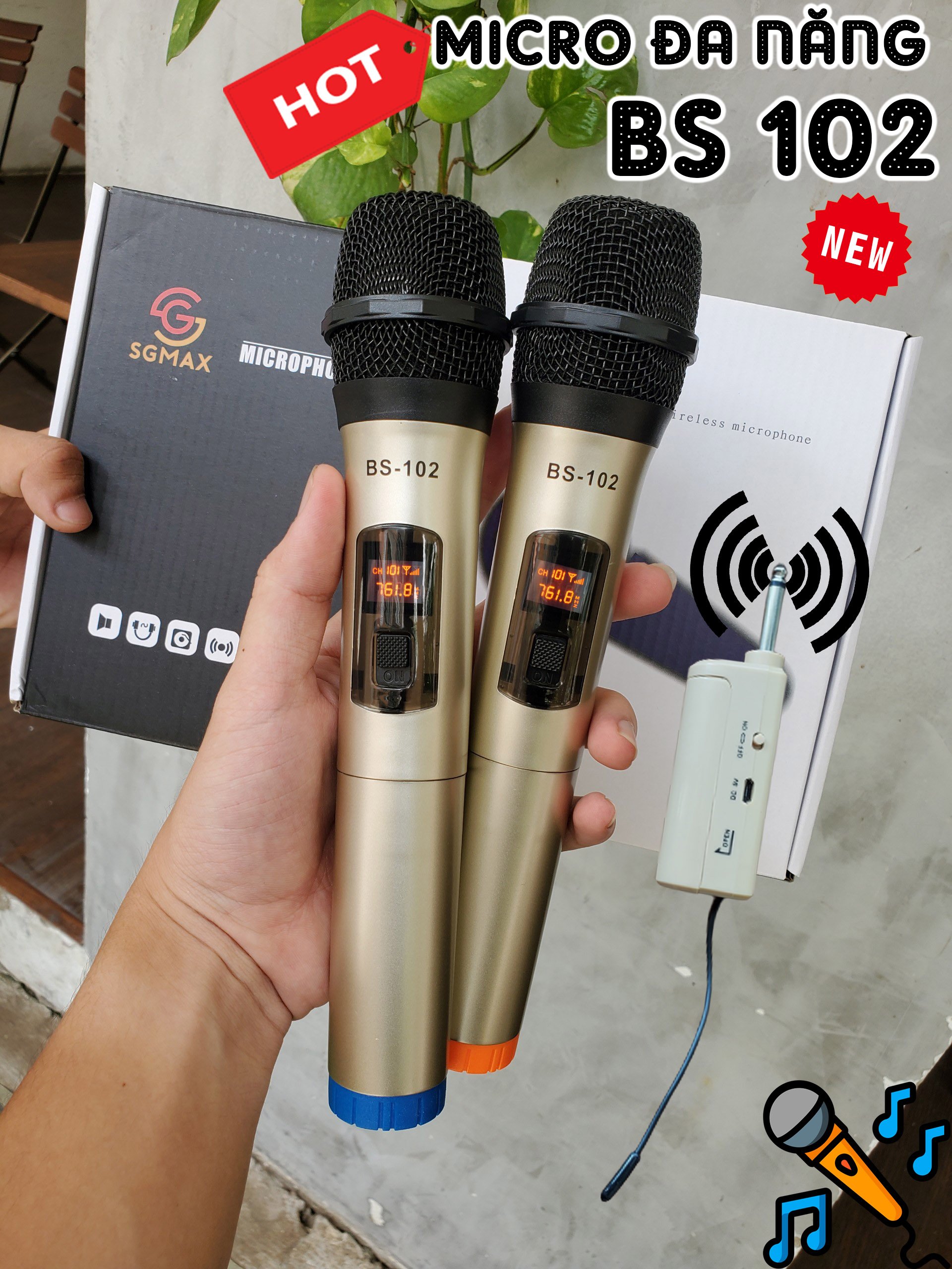 Micro không dây, micro loa kéo, micro shure, micro karaoke không dây, Mic đơn đa năng, Mic không dây SG MAX BS-102, Mic hát nhẹ, sáng, hút âm tốt, kết nối dễ dàng với các thiết bị âm thanh như âm ly, loa kéo