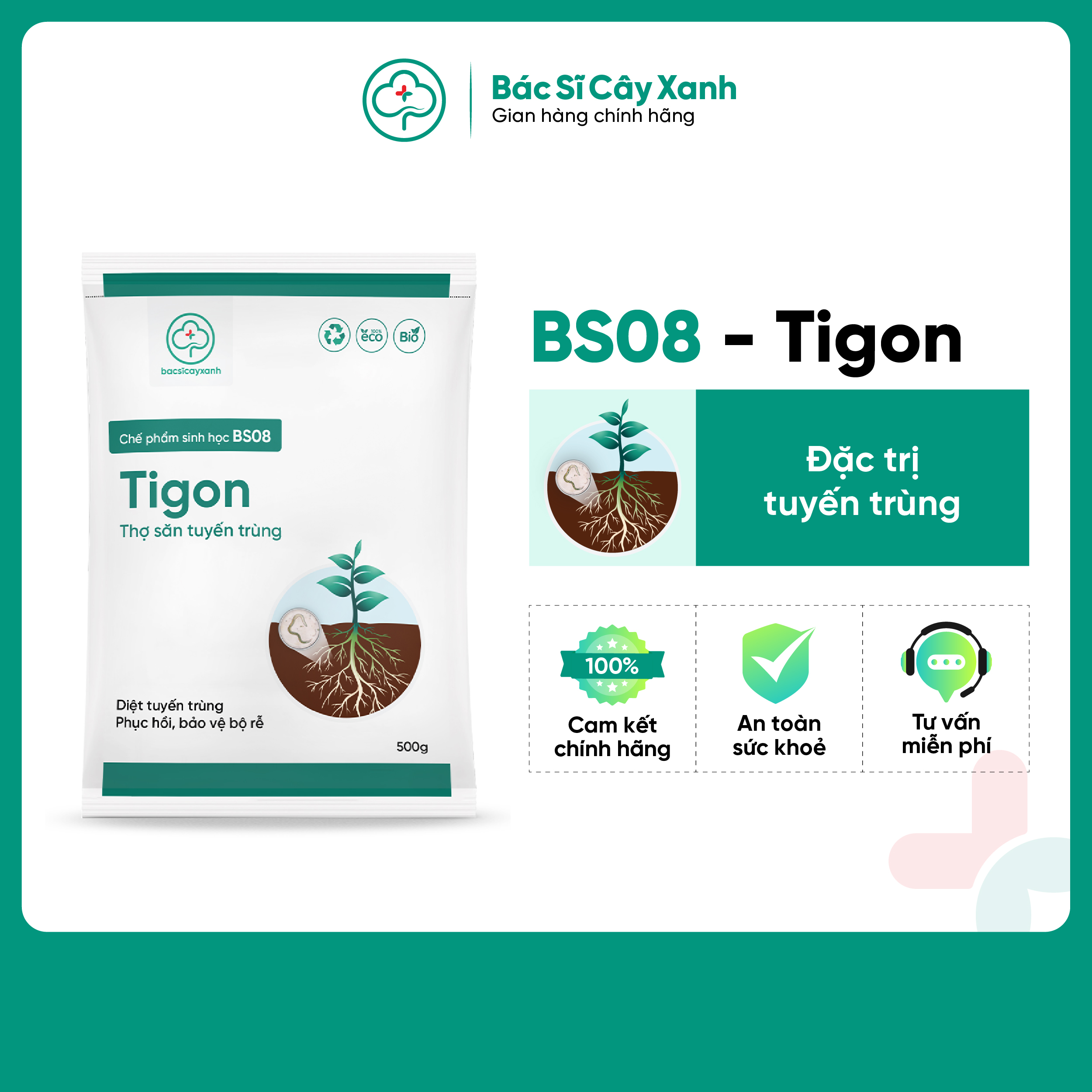 BS08 Tigon Phân bón ngăn ngừa tuyến trùng hại rễ, vàng lã, còi cọc, kém phát triển / Chế phẩm sinh học an toàn, bảo vệ cây trồng