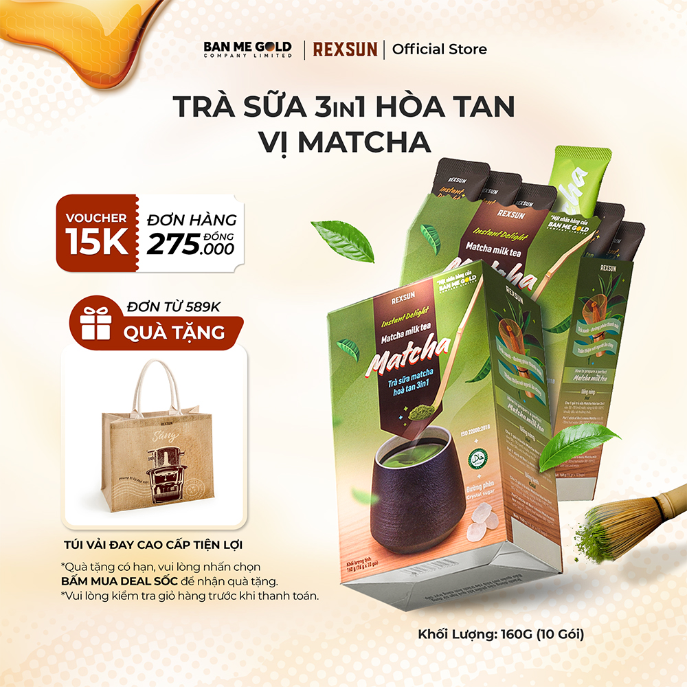 Trà Sữa Matcha Hoà Tan - Instant Delight - Hộp 160g (10 Gói) - Trà Sữa Trà Xanh Hòa Tan Chính Hãng Ban Me Gold - REXSUN