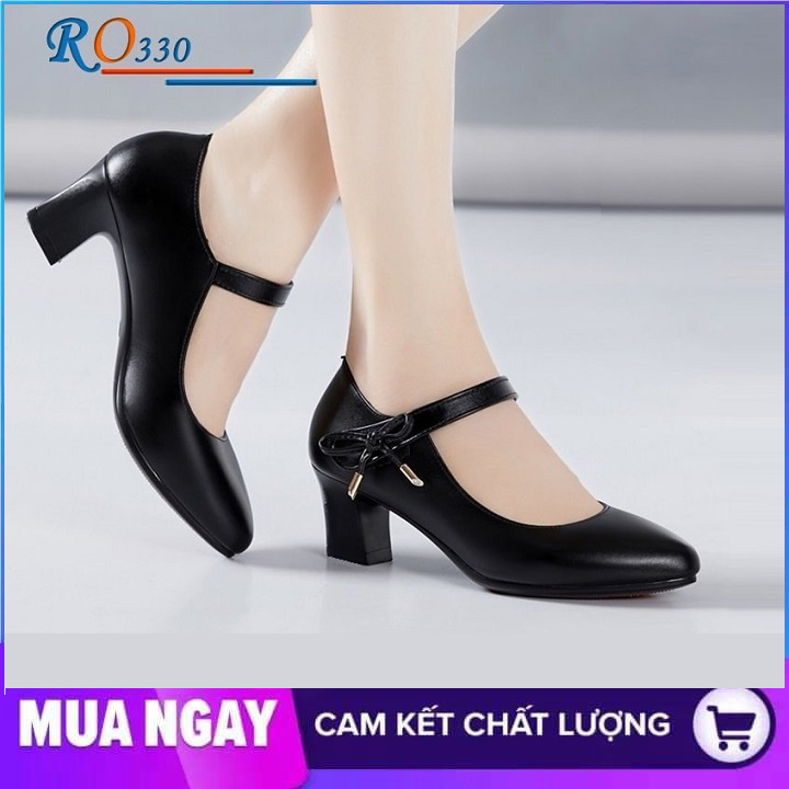 Giày cao gót nữ đẹp đế vuông 5cm hàng hiệu rosata ba màu đen đỏ kem ro330
