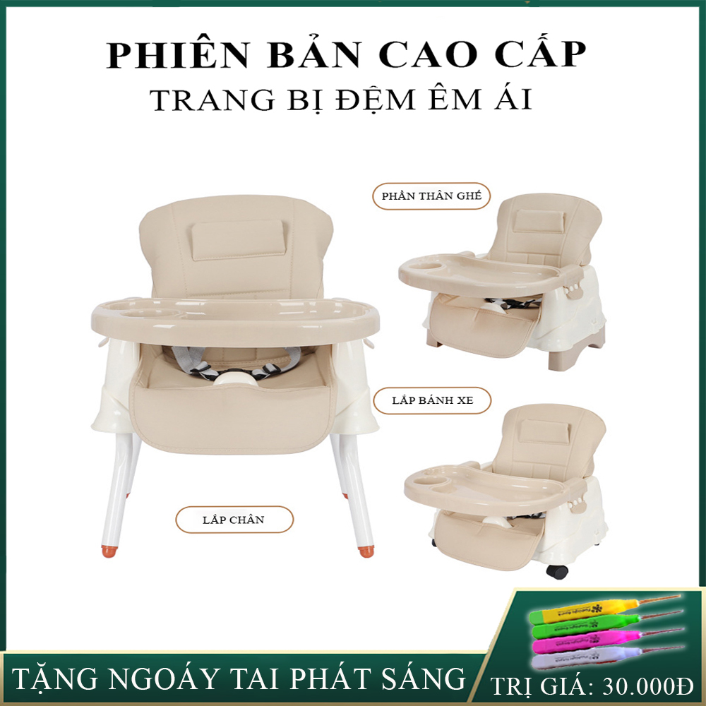 (Có Video hướng dẫn)Ghế ăn dặm gấp gọn cao cấp cho bé 3 chế độ Full đệm- bánh xe- hộp đựng khăn ăn tiện lợi