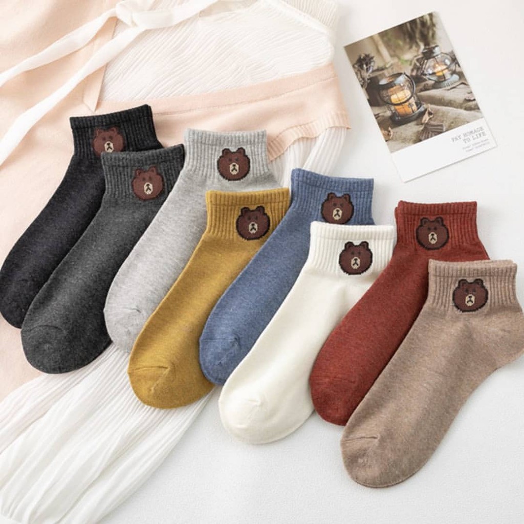 [dày dặn] Vớ nữ Sét 10 đôi tất gấu brown cổ ngắn KÈM TÚI ĐỰNG hot trend chất liệu cotton, kiểu dáng thời trang, khỏe khoắn, tiện lợi 10 màu