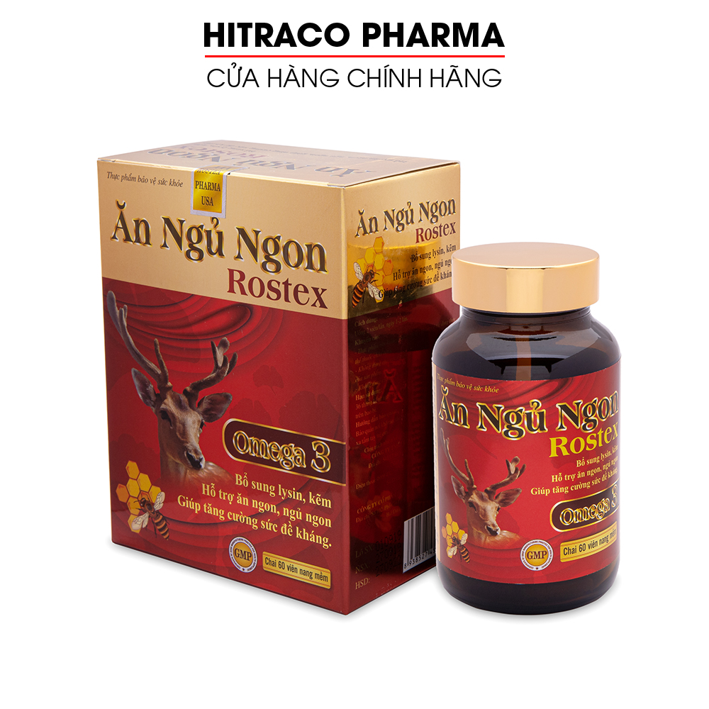 Viên Ăn Ngủ Ngon Rostex loại bỏ mất ngủ, căng thẳng, stress - Chai 60 viên bổ sung omega 3, lysin, kẽm tăng cường sức đề kháng cho cơ thể