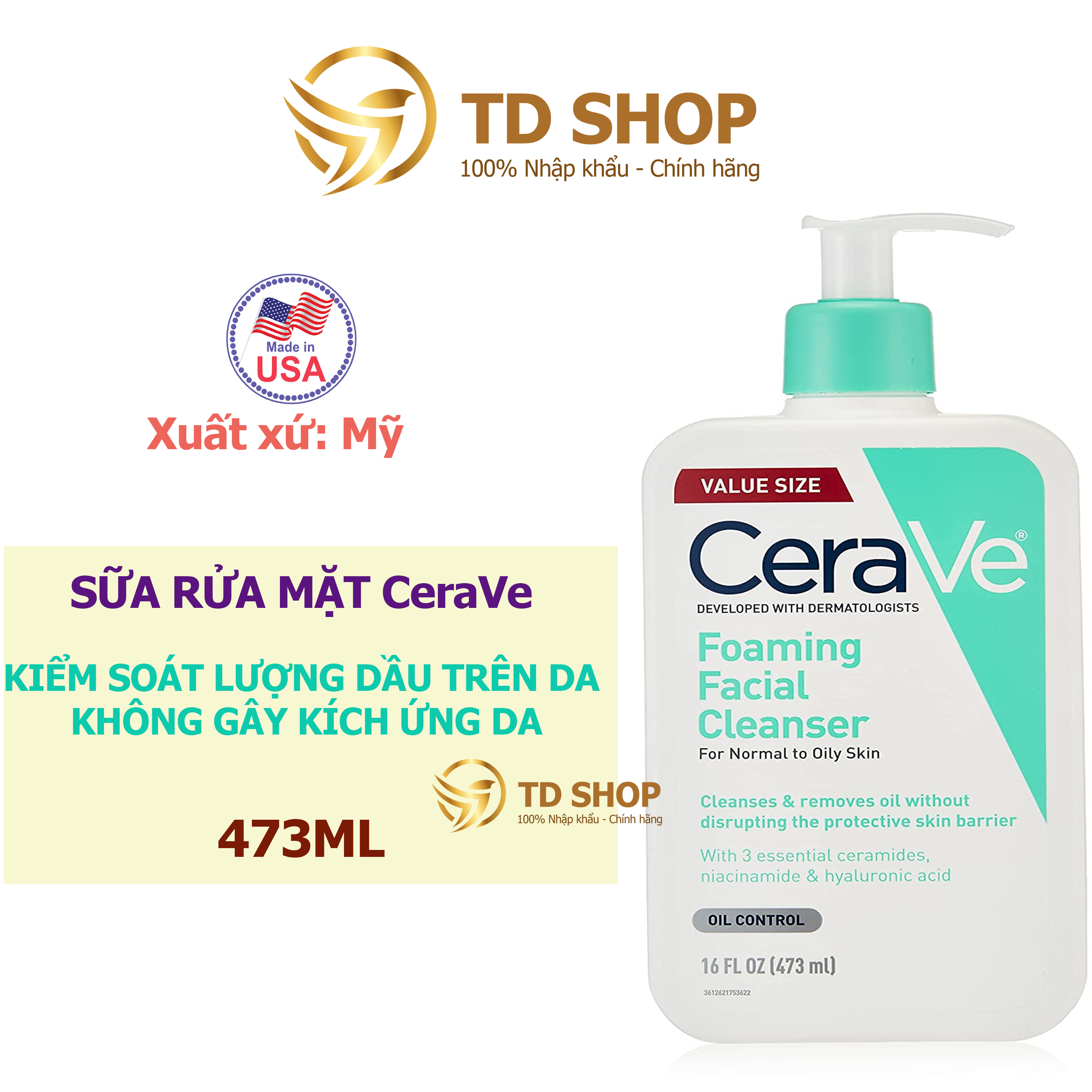 Sữa rửa mặt cerave foaming facial cleanser cho da dầu mụn nhạy cảm 473ml