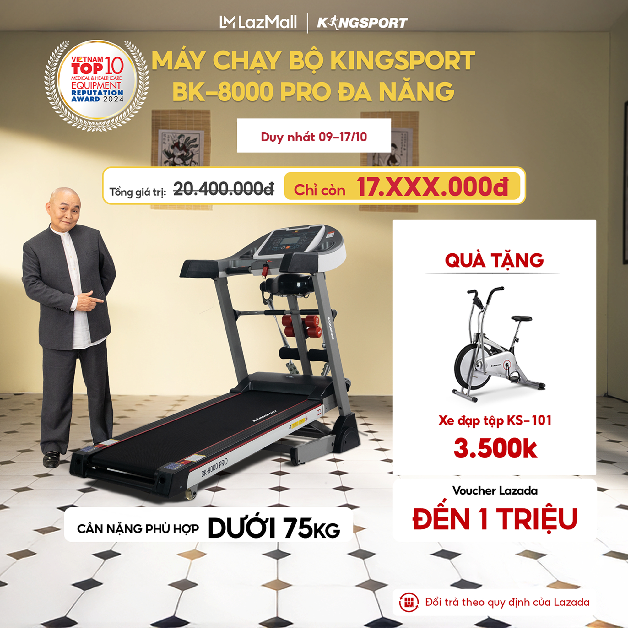 [Miễn phí lắp đặt] Máy chạy bộ KINGSPORT BK-8000 Pro đa năng, nâng dốc tự động 18%, tốc độ tối đa 14khm/h, kèm đai massage và thanh gập bụng