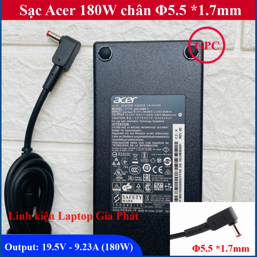 Sạc laptop acer 19.5v-9.23a chân to 5.5*1.7mm thay cho acer predator 15 g9-591, g9-592, 17 g5-793, g9-791, g9-792