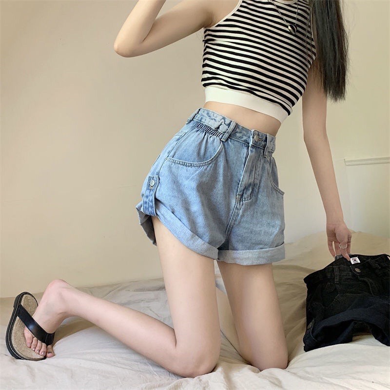 Quần short nữ ống rộng cạp cao chun eo , quần đùi jeans kaki có cúc xắn gấu 2 màu xinh xắn