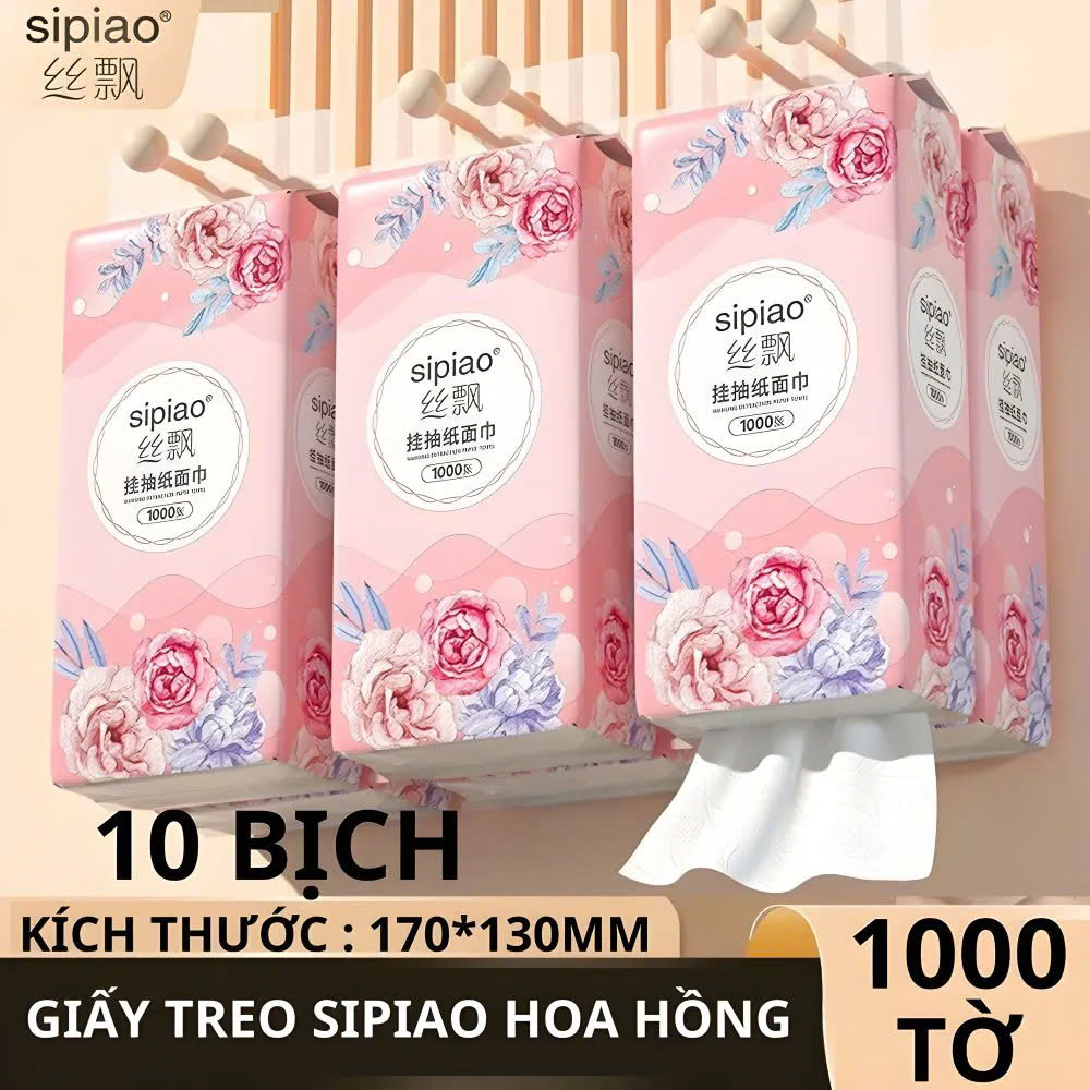 THÙNG 10 KHĂN GIẤY RÚT TREO TƯỜNG SIPIAO HOA HỒNG 1000 TỜ SIÊU TIỆN LỢI - KHĂN GIẤY KHÔ KHÔNG CHẤT BẢO QUẢN, MỀM MẠI AN TOÀN CHO DA
