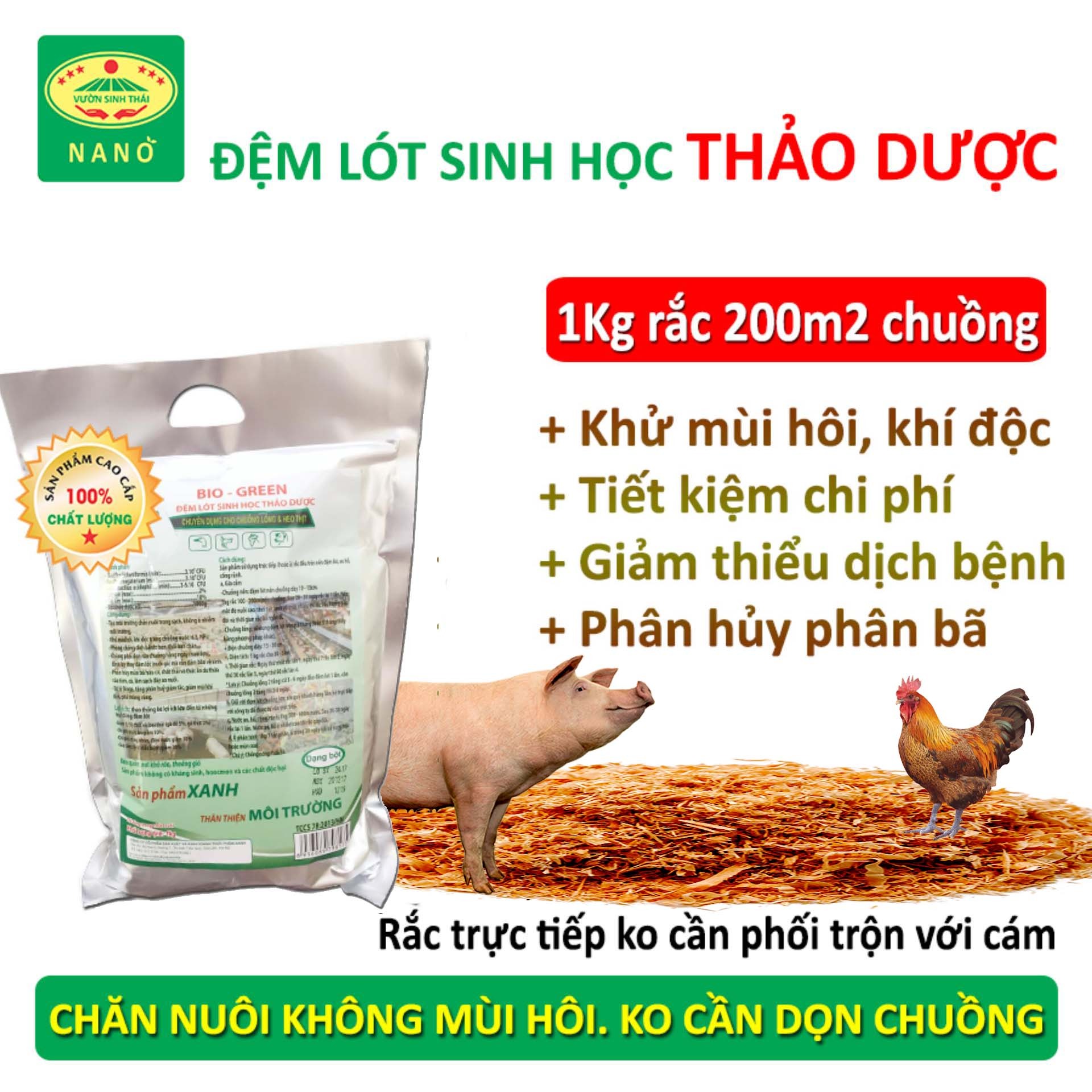 Đệm lót sinh học thảo dược cho Chăn nuôi. Men rắc chuồng khử mùi hôi chuồng trại