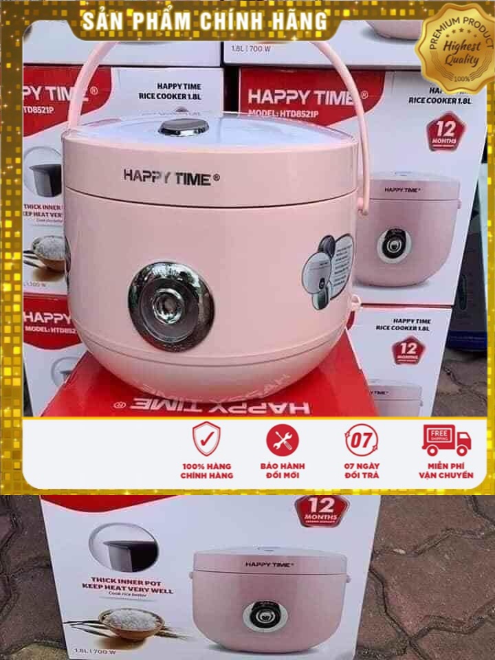 Bảo hành 6 tháng nồi cơm điện 1.8l happy time htd8521p có quai xách màu hồng