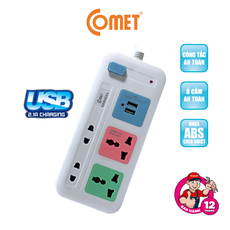 Ổ cắm nối dài cổng usb comet ces4223 nhựa abs chịu nhiệt cao, an toàn,04 lỗ cắm và 02 cổng sạc usb, dây 3m