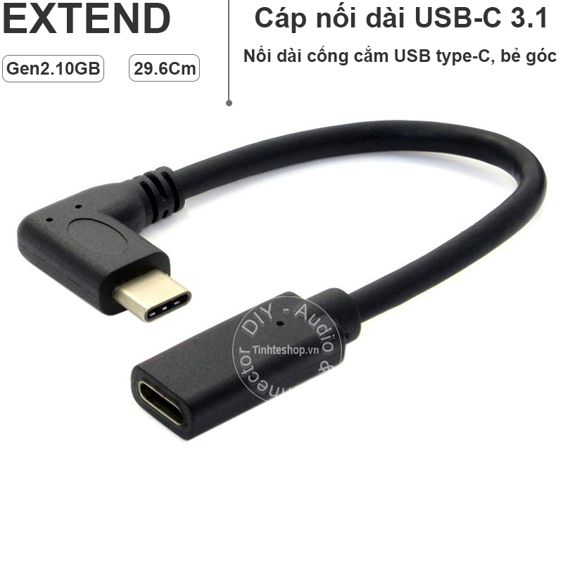 Dây cáp USB type-C 3.1 gen2 10Gbps 4K60Hz extend nối dài 1 đầu đực 1 đầu cái bẻ góc 29Cm