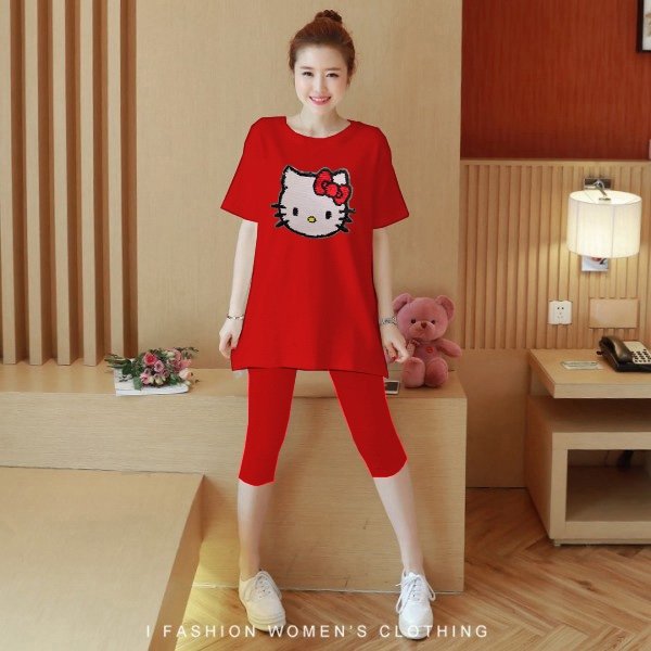 [HCM]đồ bộ mặc nhà -  Đồ bộ thun cotton 100% lửng Kitty kim sa cao cấp - y hình