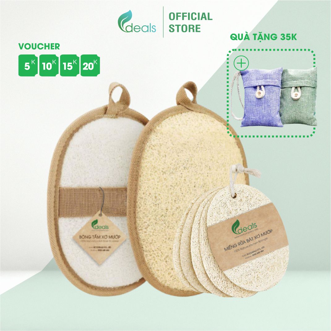 Combo 02 bông tắm xơ mướp ecodeals 100% xơ mướp hữu cơ - tặng 1 xơ mướp rửa chén - tẩy da chết hiệu quả, massage lưu thông máu, ngừa mụn lưng