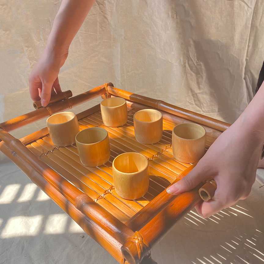 Khay trà tre cao cấp Bamboo Handicaft - Bammboo Tray - Khay trà được làm hoàn từ tre đựng bộ ấm chén uống trà - Bộ 6 cốc uống trà bằng tre - Ly tre - Khay nước vintage - Cốc tre cao cấp - Bộ 6 ly tre