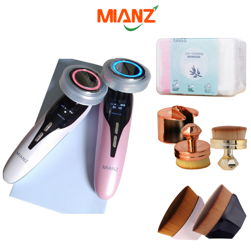 Bộ sản phẩm chăm sóc và make up cho da mặt cao cấp - Máy massage mặt đẩy tinh chất và bông tẩy trang 3in1 kèm cọ trang điểm tán phấn kem nền Mianz Store