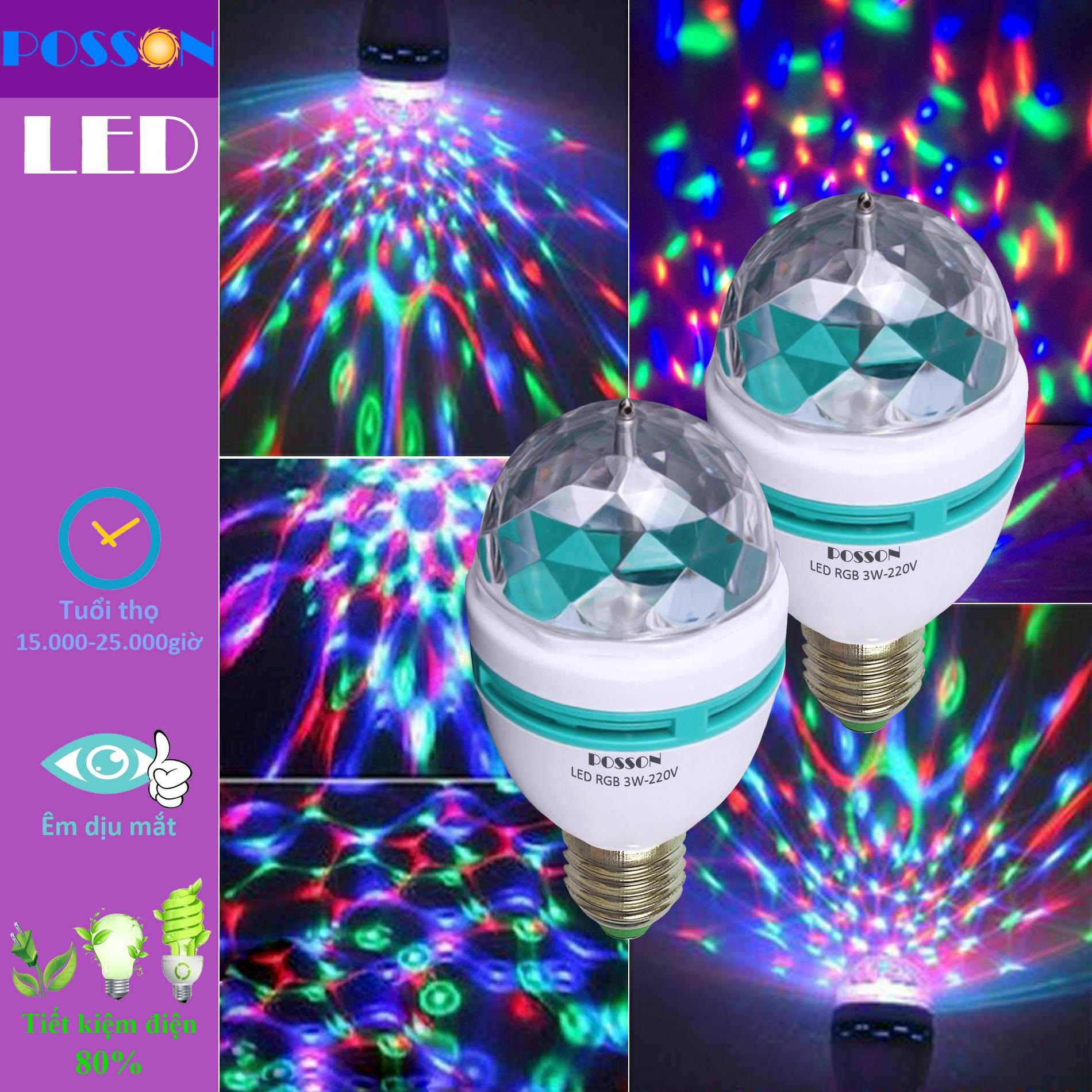 (XÃ MÙA DỊCH) Combo 2 Đèn Led sân khấu vũ trường nhiều màu RGB 3w pha lê xoay tròn Posson L-RGB3