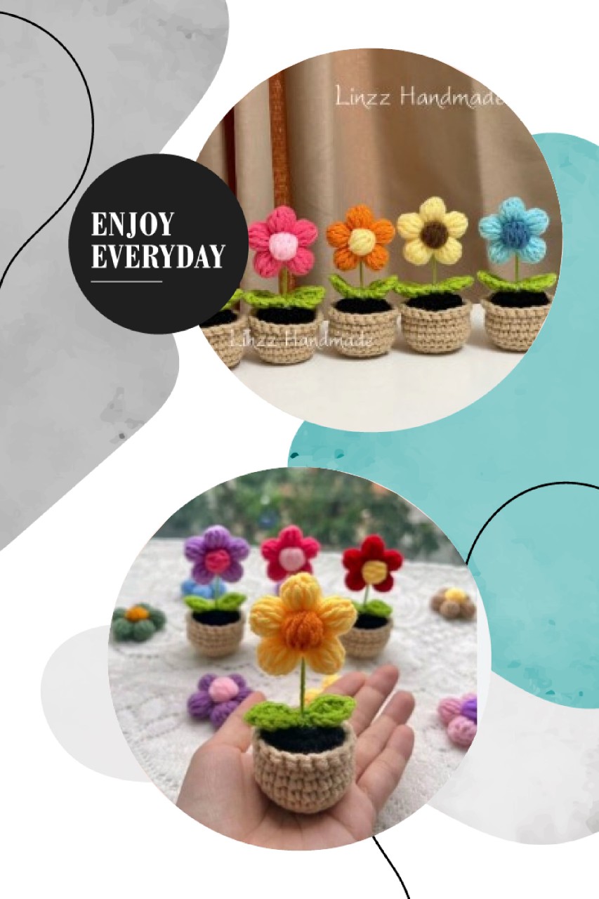 Chậu hoa 5 cánh mini bằng len