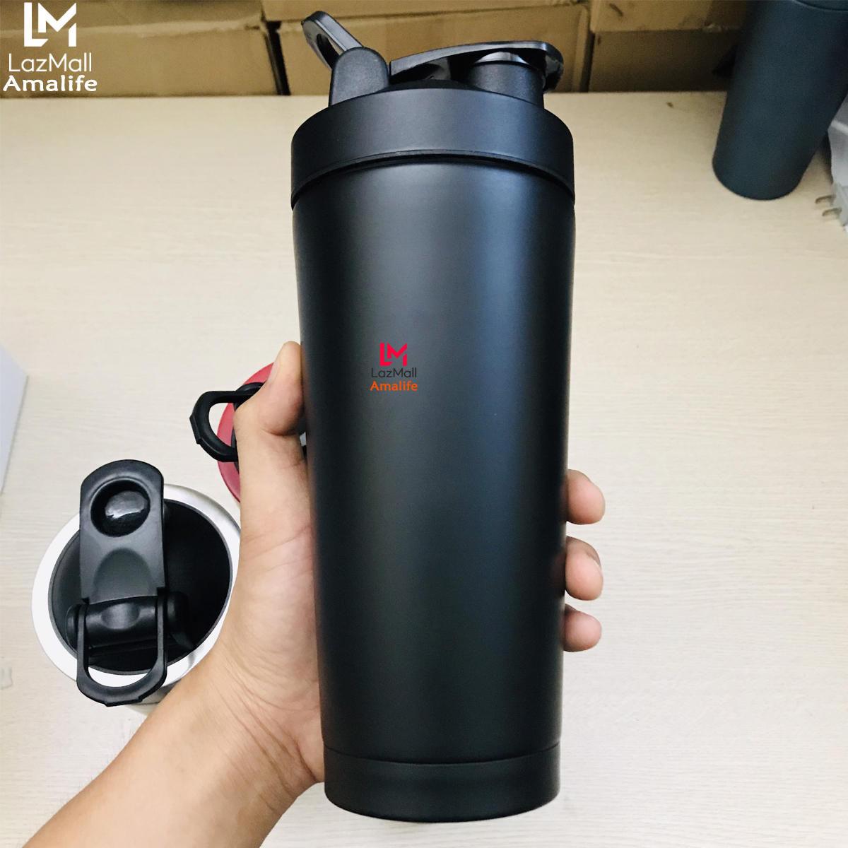 Bình Lắc Shaker Inox Màu Đen – Bình Lắc Tập Gym Chính Hãng Amalife – Kèm Bóng Lò Xo Lắc