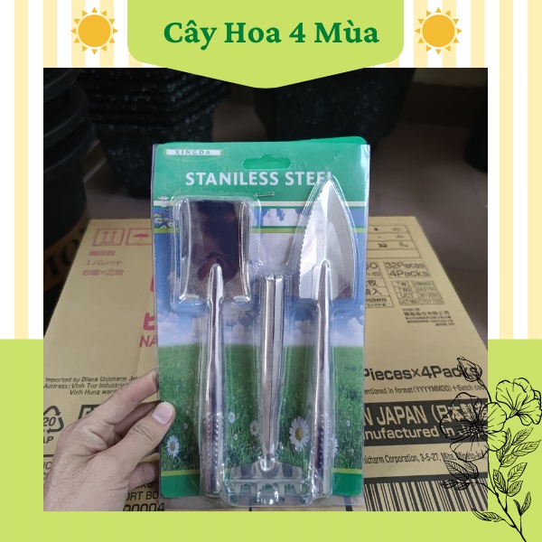 Dụng cụ làm vườn mini đa năng bộ 3 dụng cụ inox cán gỗ cực xinh