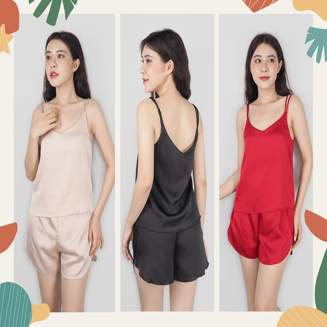 Đồ ngủ 2 dây quần đùi xẻ tà lụa satin cao cấp đẹp sang chảnh