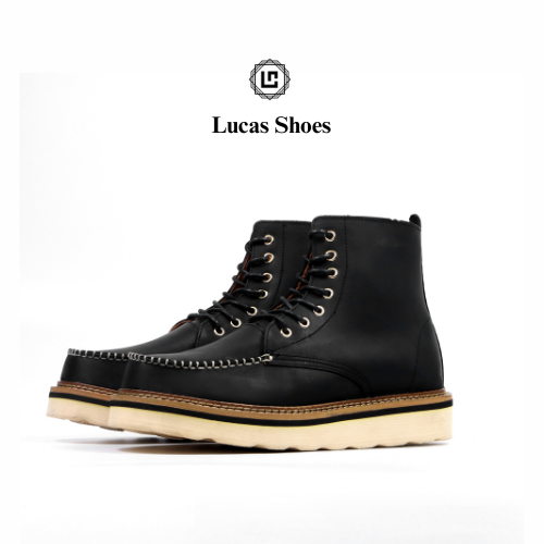 Giày Boots nam Moctoe Đen sáp da bò sáp đen