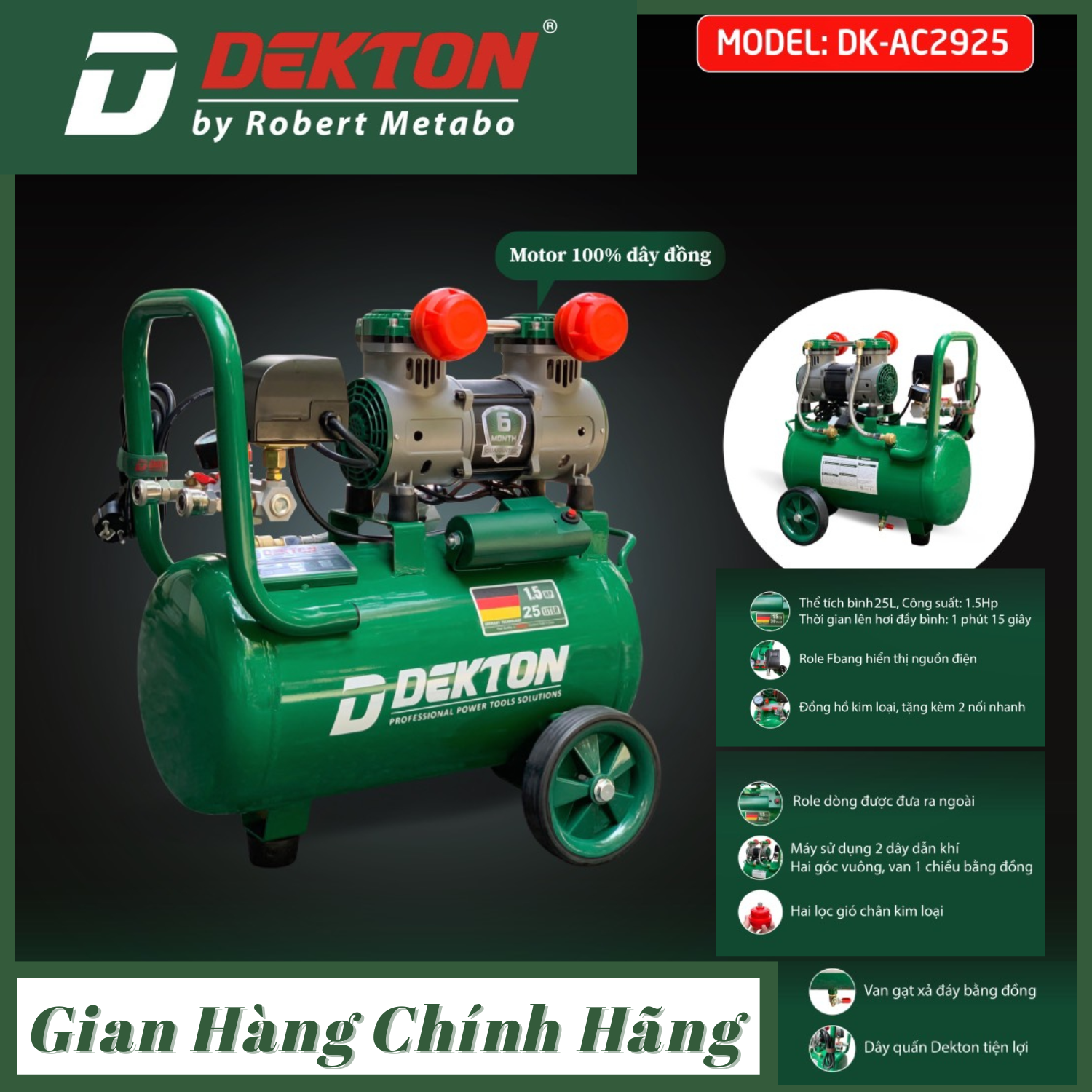 Máy nén khí dekton dk-ac2925 không dầu, bình chứa 25 lít