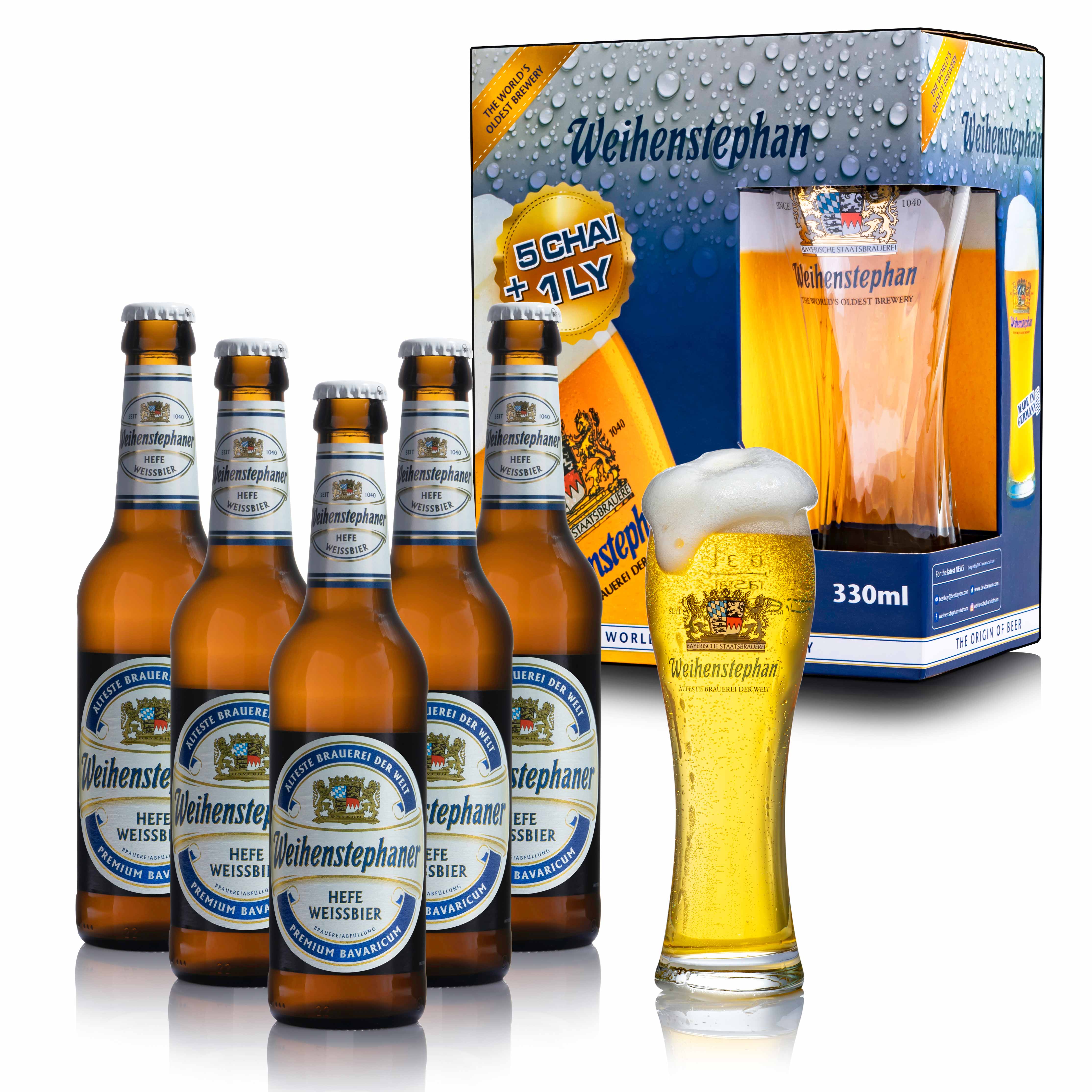 Combo 5 Chai Bia Đức HefeWeissbier  - Weihenstephan 330ml + 1 ly thủy tinh