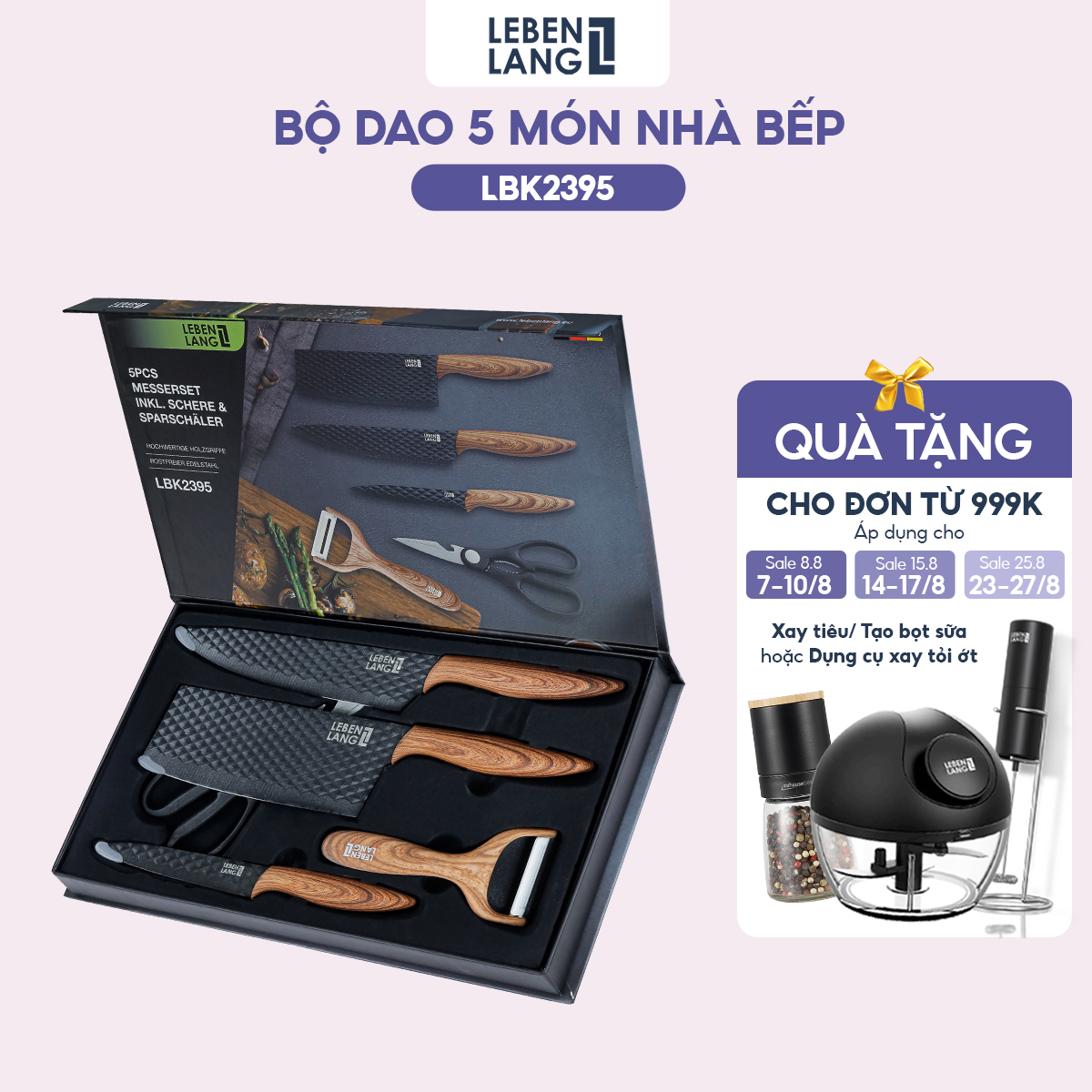 [Duy nhất 23.08 - Voucher 15% ĐƠN TỪ 149k MAX 250K] Bộ dao nhà bếp 5 món LEBENLANG của Đức làm từ thép không gỉ, hộp đựng sang trọng gồm 3 dao, 1 kéo, 1 gọt vỏ rau củ chống gỉ sét, chống ăn mòn, chống dính, tay cầm chống trơn trượt