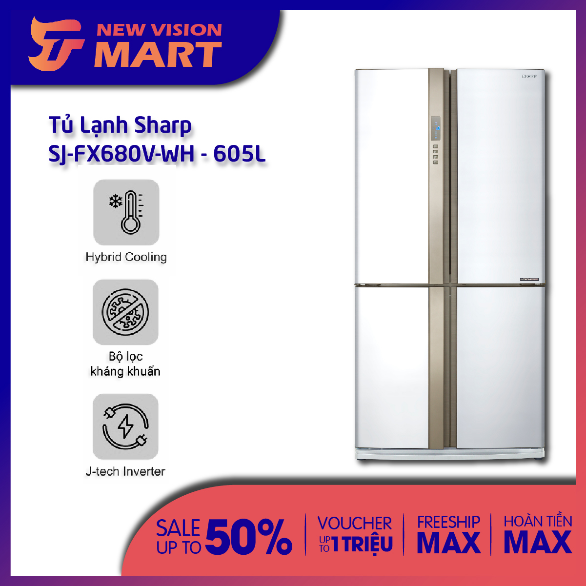 Tủ lạnh sharp sj-fx680v-wh 605 lít i inverter i khử mùi nano bạc - đồng