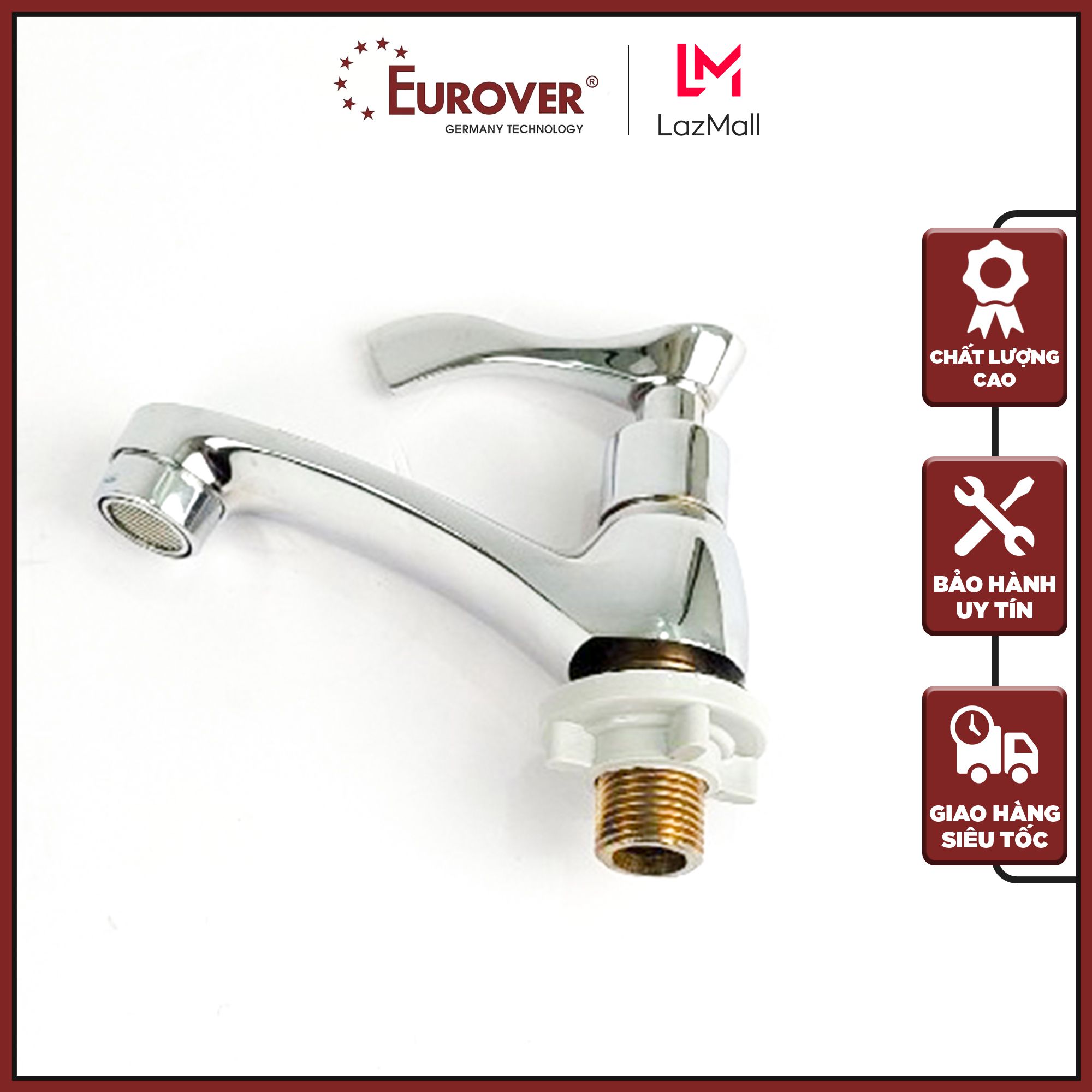 Vòi lavabo 1 đường nước lạnh Eurover chính hãng PLE-5012 vòi nước đồng thau mạ niken+crome 3 lớp sáng bóng, đạt tiêu chuẩn Châu Âu, bảo hành 3 năm