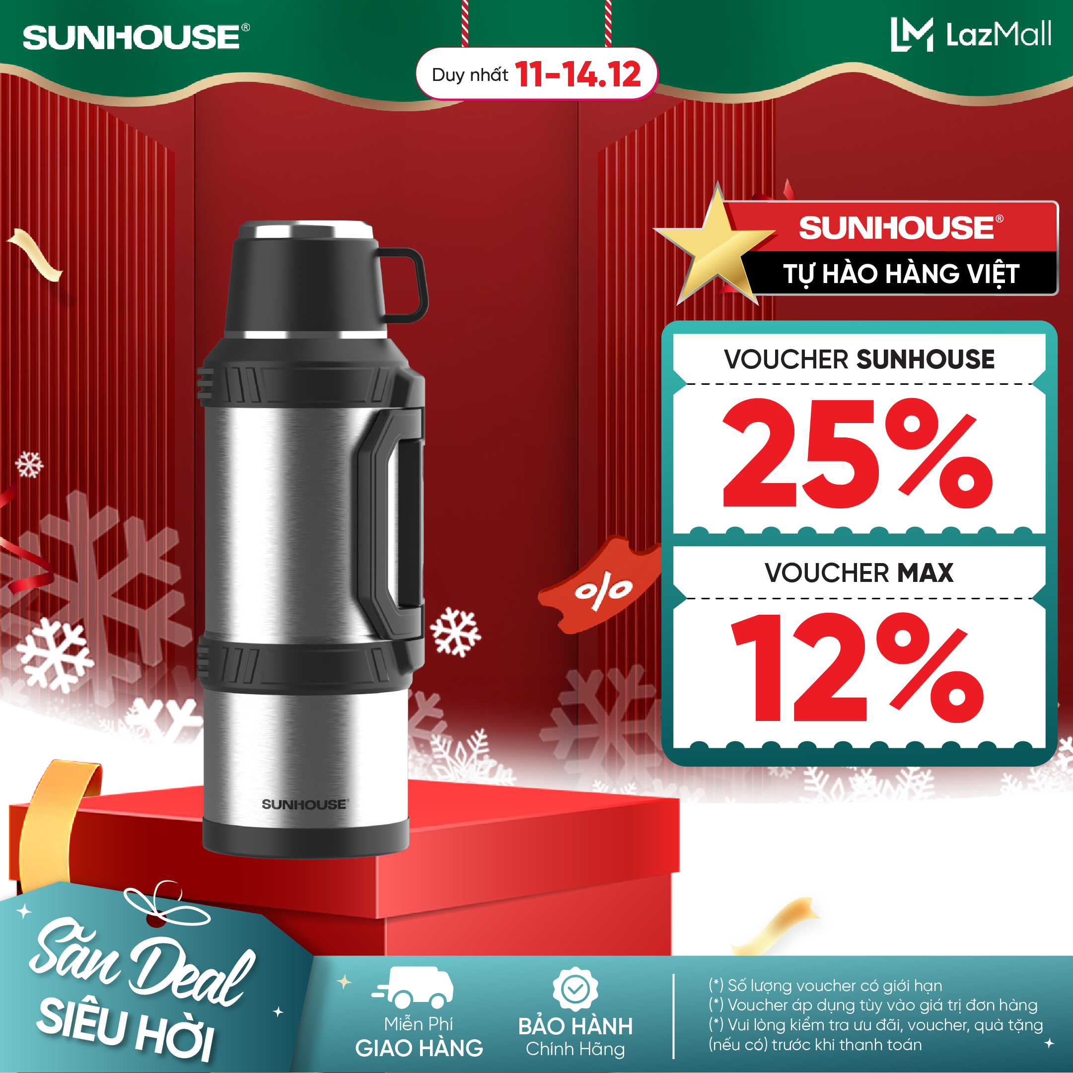 Phích giữ nhiệt đa năng 3.6L inox 304 Sunhouse KS-TH3600VI - Inox 304 an toàn - Giữ nhiệt 10-12h - Quai xách gấp tiện lợi