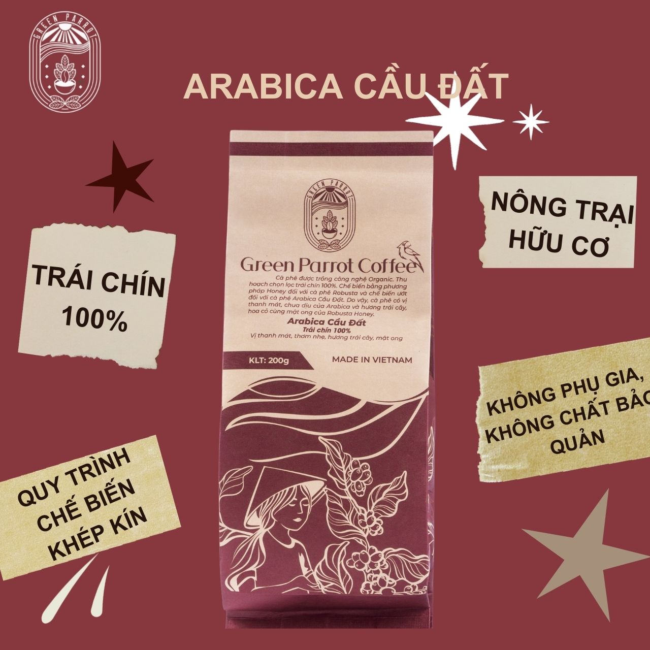 - cà phê arabica cầu đất green parrot 100% trái chín