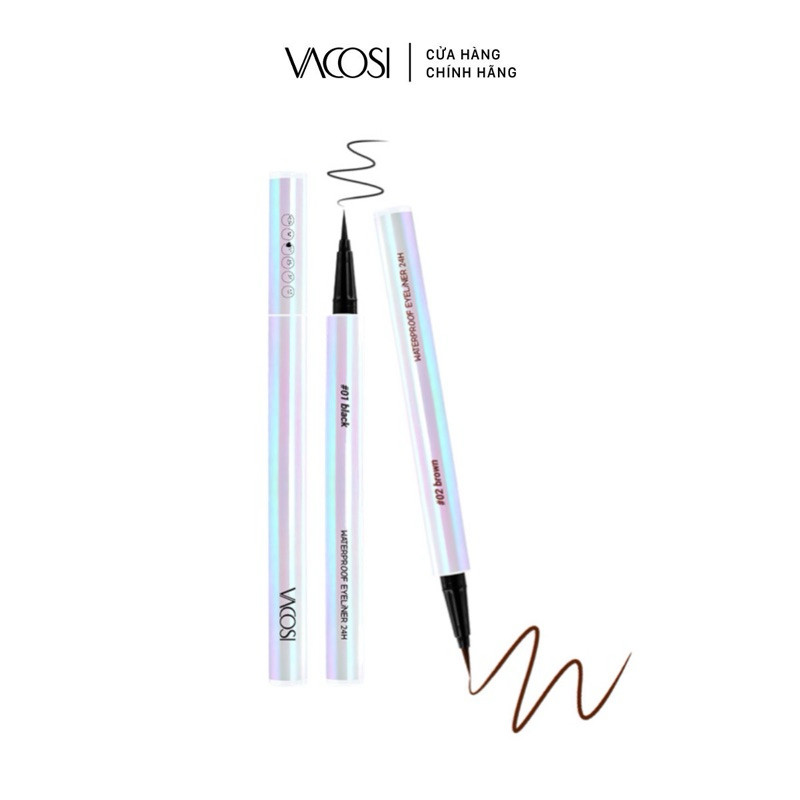 Bút Kẻ Mắt Nước 24H VACOSI Không Lem Waterproof Eyeliner - Phiên Bản Ngọc Trai Đầu Bút Lông 2 Màu Mực Đen Nâu