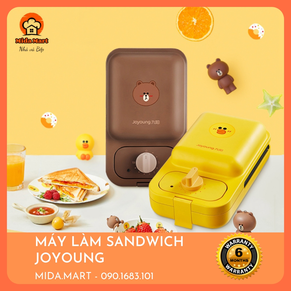 MÁY KẸP LÀM SANDWICH LINE FRIENDS VỊT SALLY, GẤU BROWN CHÍNH HÃNG JOYOUNG JK1312-K72 BÀO HÀNH 6 THÁNG